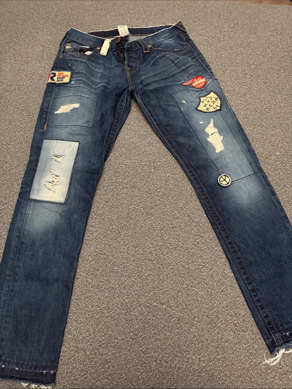 Woman Distressed Dark Blue Patchwork Jeans with Patches